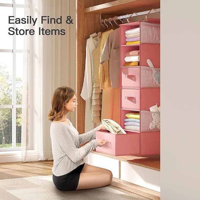 Pipishell Hanging Closet Organizer 6-Shelf, Hanging Shelves for Closet with 3 Removable Drawers & Side Pockets for Bedroom, G