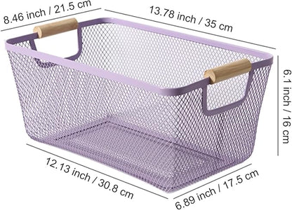AJIODA Metal Mesh Steel Basket, Large Wire Storage Organizer Basket Multi-function Hanging Kitchen Baskets with Wood Handle f
