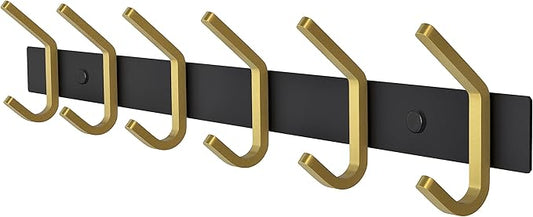 Coat Rack Wall Mount – Black and Gold Hook Rail with 6 Double Coat Hooks, 17 Inch Stainless Steel Wall Hooks for Entryway, Ba