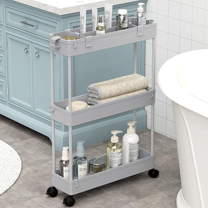 SPACELEAD Slim Storage Cart 3 Tier,Bathroom Organizer Rolling Utility,Mobile Shelving Unit Slide Out for Office, Kitchen, Lau