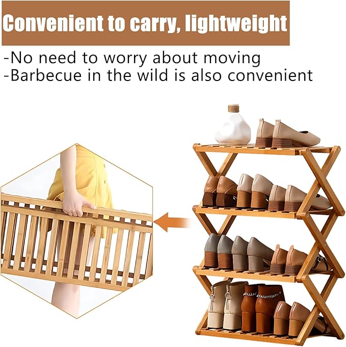 Jessie Bamboo Shoe Rack,Free Standing Shoe Rack for Closet,Portable Folding Shoe Storage Rack, Space Saving,Shoe Shelf for Be