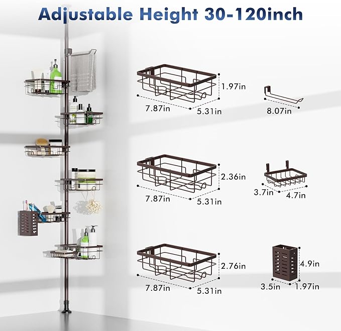 Corner Shower Caddy Tension Pole,Adjustable 30-120 Inch Bathroom Organizer Storage,Rustproof 6-Tier Shower Corner Shelves,Tow
