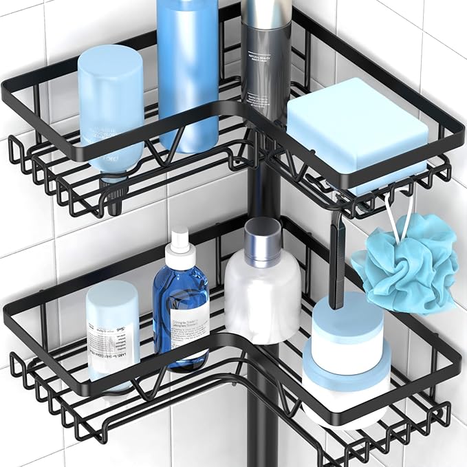 KEGII Floor Shower Caddy Standing – 4-Tier Corner Shower Organizer with Hooks & Soap Holder, Free-Standing Bathroom Storage R