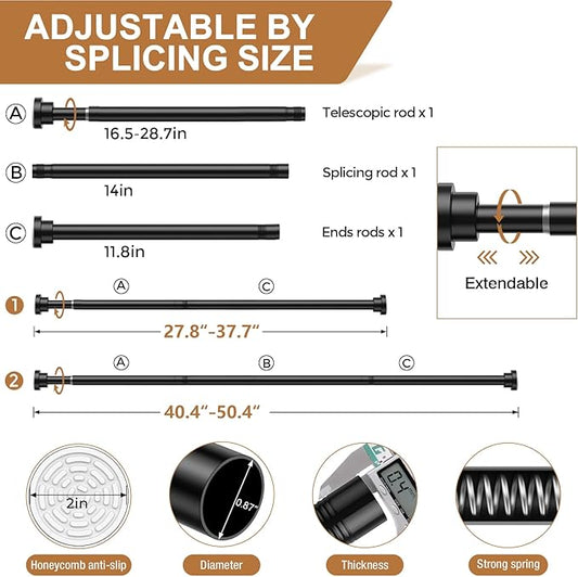 AIZESI Black Spring Tension Rod No Drilling 28-50Inch-2PCS,Tension Curtain Rod Non-Slip,Bathroom Spring Curtain Rod Non-Rust,