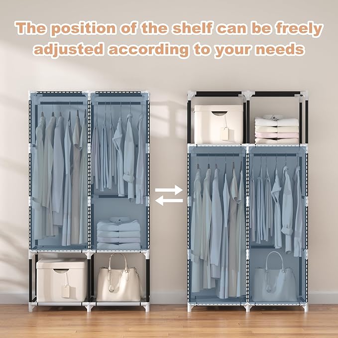 VTRIN Portable Closet Wardrobe Closet for Hanging Clothes with 4 Storage Shelves, 2 Hanging Rods and 6 Pockets, Stable and Ea