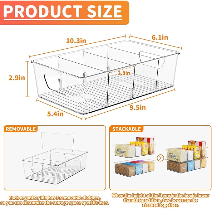 Stackable 6 Pack Snack Organizer for Pantry Shelf,Clear Pantry Organizers and Storage Bins for Fridge,Office,Cupboard,Plastic