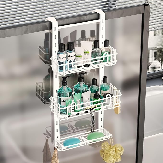HapiRm 3 Tier Over the Door Shower Caddy, Hanging Shower Caddy with 16 Hooks and 2 Soap Holders, No Drilling Adjustable Hangi