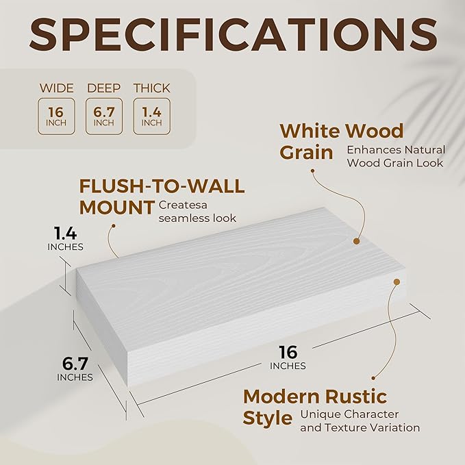 Dreamland 16 Inch Long Floating Shelves in White,6.7 Inch Deep Floating Shelf for Wall,Large Display & Storage Shelf, Wall Sh