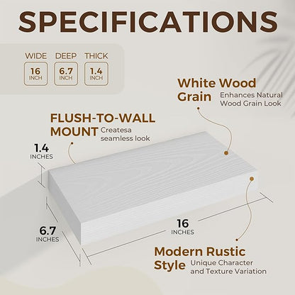 Dreamland 16 Inch Long Floating Shelves in White,6.7 Inch Deep Floating Shelf for Wall,Large Display & Storage Shelf, Wall Sh