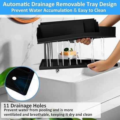 Bathroom Counter Organizer, Black Silicone Toothbrush Holders for Bathrooms Organizer Countertop with 3PCS Qtip Holder, Tooth