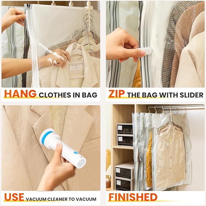 Hanging Vacuum Storage Bags with Electric Pump – 4-Pack Hanging Vacuum Seal Bags for Clothing, Space-Saving Compression Bags 