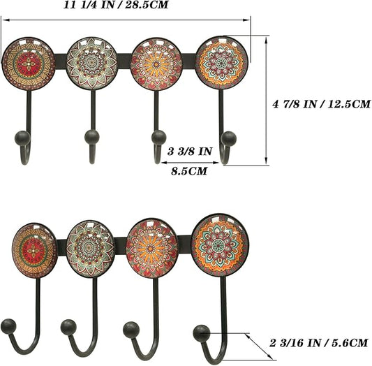 Coat Rack Wall Mounted with 4 Hooks, Round Brown Pattern Decorative Wall Hooks for Hanging Hat, Key, Towel, Purse, Bag and Ro