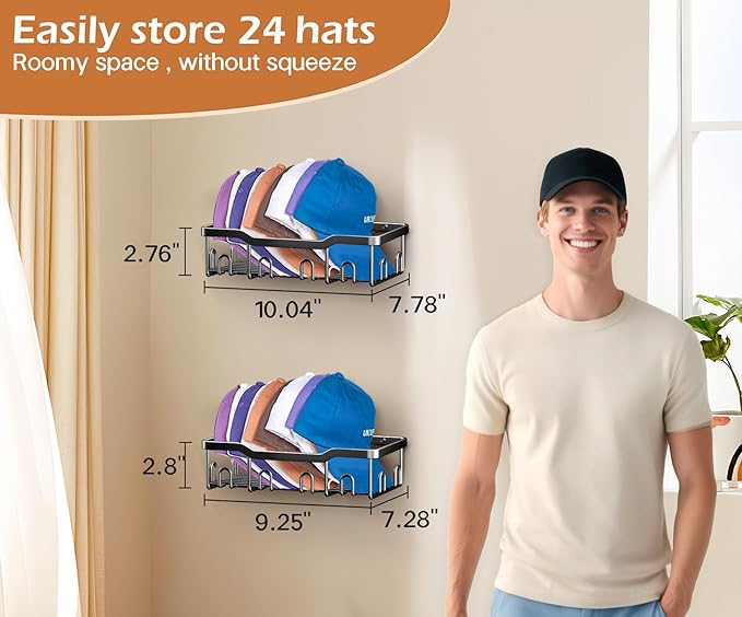 KEETDY Metal Hat Racks for Baseball Caps Wall Hat Organizer Fit 24 Caps Holder, 2 Packs Sturdy Wall Mounted Hat Storage Organ