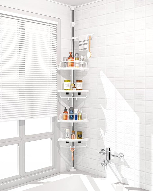 ADOVEL 4 Layer Corner Shower Caddy, Stainless Steel Constant Tension Pole Shower Organizer, Adjustable Corner Shower Shelf, R