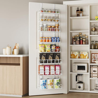 Bunoxea White 8-Tier Over The Door Pantry Organizer, Pantry Organization And Storage, Metal Hanging Spice Rack Shelves Door, 