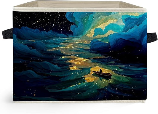 Dreamy Starry Sky Night Storage Box Bins, Blue Fantasy Galaxy River Boating Collapsible Storage Basket Organizer for Bedroom 