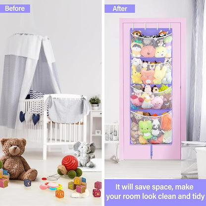Woodoulogy Hanging Stuffed Animal Storage, Over Door Large Plush Toy Organizer with Metal Hook, Baby Accessory Holder Idea fo