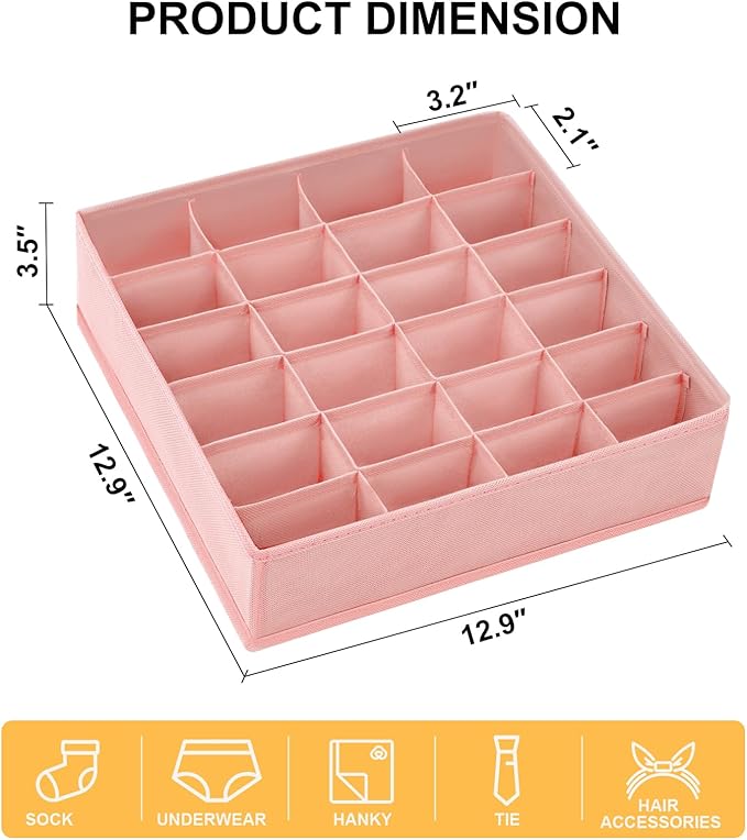 Sock Organizer 4 Pack - 24 Cell Foldable Underwear & Sock Storage, Drawer Organizer for Ties, Belts. (Pink)