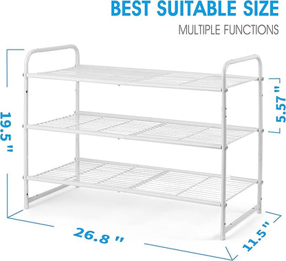 Simple Trending 3-Tier Stackable Shoe Rack, Expandable & Adjustable Shoe Shelf Storage Organizer, Wire Grid, White