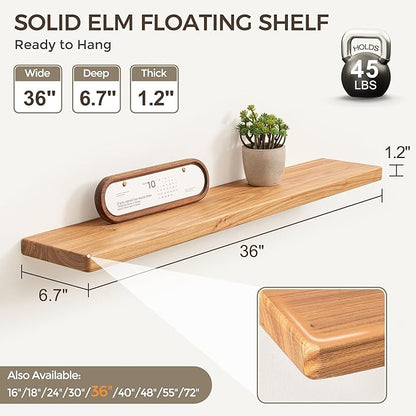 Fun Memories 36 Inch Floating Shelves for Wall, Solid Elm Wood Wall Shelf for Home Decor, Heavy-Duty Hardwood Floating Shelf 