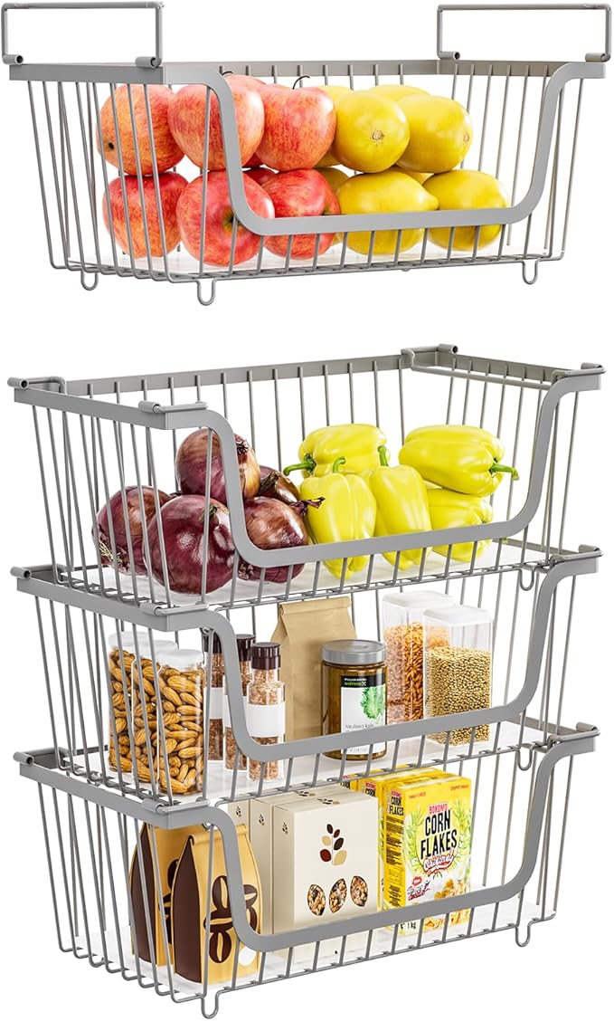 4 Pack Stackable Wire Baskets with Handles for Pantry Organizers and Storage, Fruit and Vegetable wire storage baskets, Potat