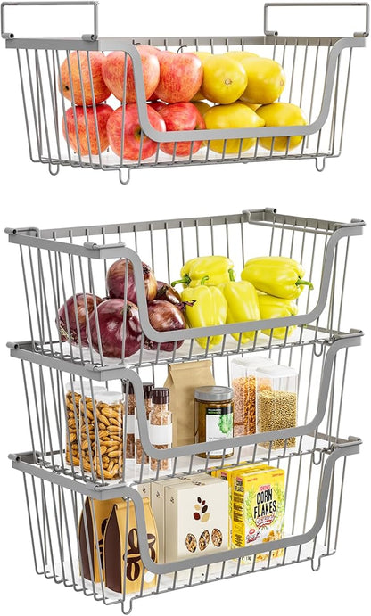 4 Pack Stackable Wire Baskets with Handles for Pantry Organizers and Storage, Fruit and Vegetable wire storage baskets, Potat