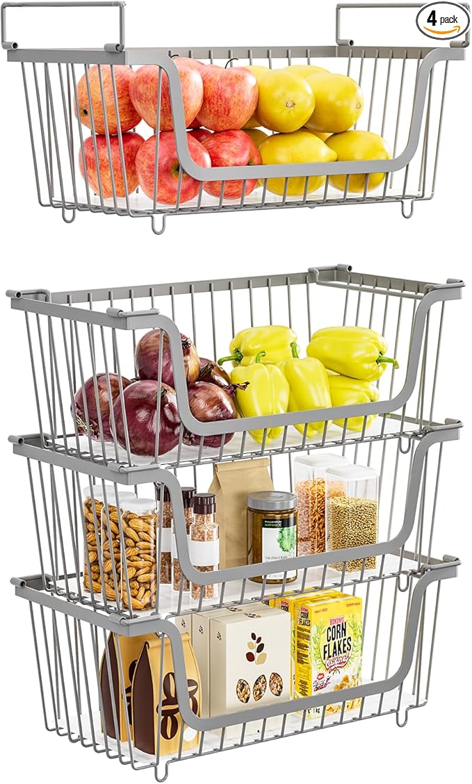 4 Pack Stackable Wire Baskets with Handles for Pantry Organizers and Storage, Fruit and Vegetable wire storage baskets, Potat