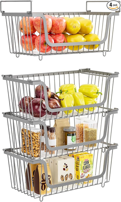 4 Pack Stackable Wire Baskets with Handles for Pantry Organizers and Storage, Fruit and Vegetable wire storage baskets, Potat