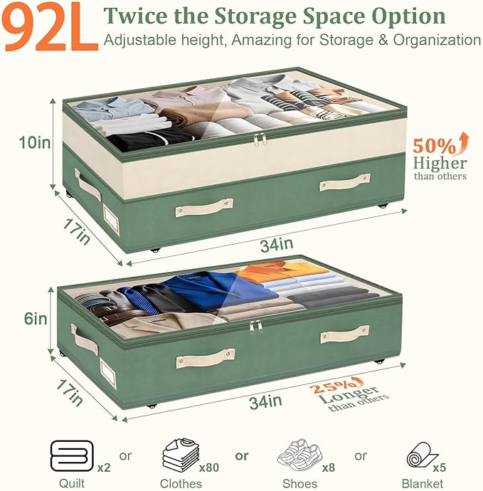 Dolicer 4 Pack Under Bed Storage with Wheels, 6in-10in Height Adjustable Underbed Storage Containers, 92L XXXL Under Bed Draw