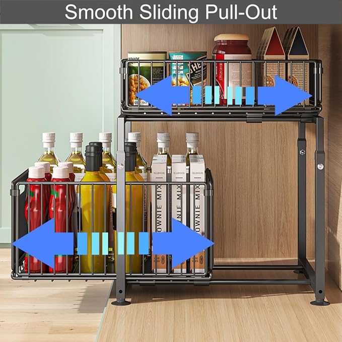 Under Sink Organizer, 2-Tier Multi-Use Kitchen and Bathroom Organizers and Storage, Slide Out Thickened Metal Under The Sink 
