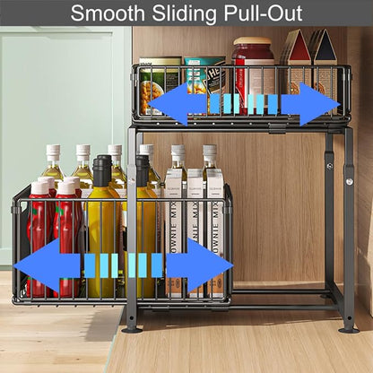 Under Sink Organizer, 2-Tier Multi-Use Kitchen and Bathroom Organizers and Storage, Slide Out Thickened Metal Under The Sink 