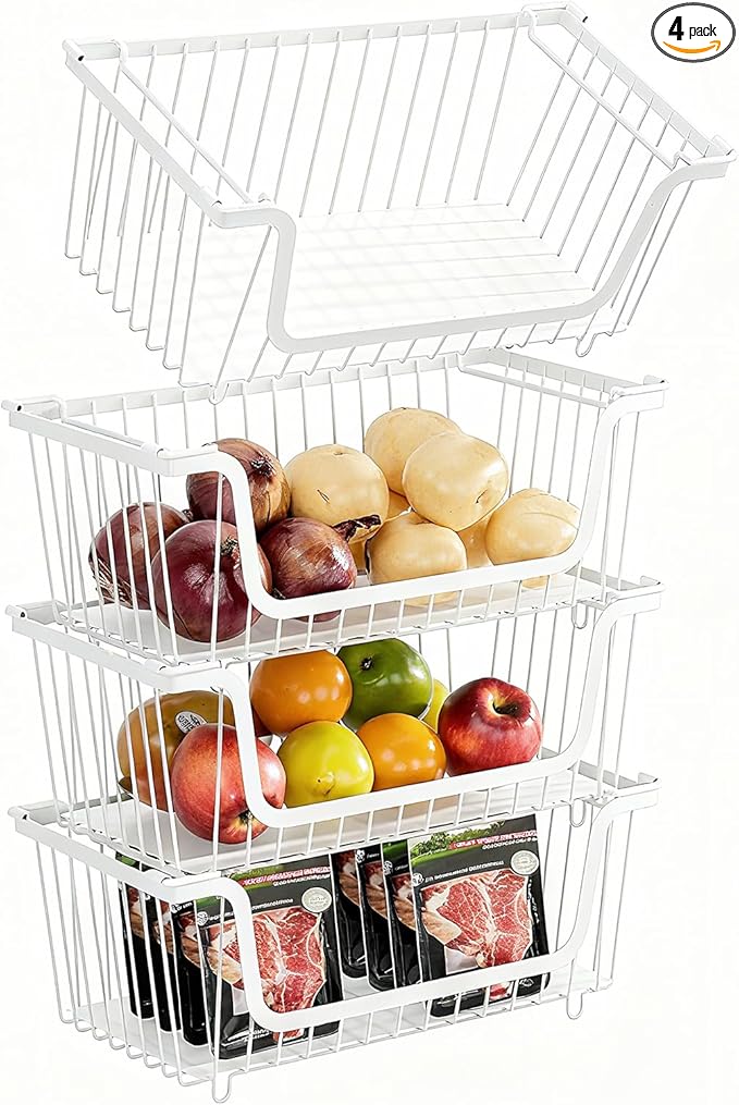 GAOKASE 4 Pcs Stackable Wire Baskets for Pantry Organizers and Storage,Vegetable Fruit Basket for Countertop,Kitchen Storage 