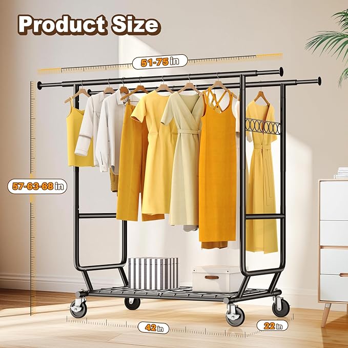 HOKEEPER Clothes Rack Heavy Duty Clothing Rack Load 650 LBS Collapsible Garment Rack with Wheels Double Rod Coat Rack for Han