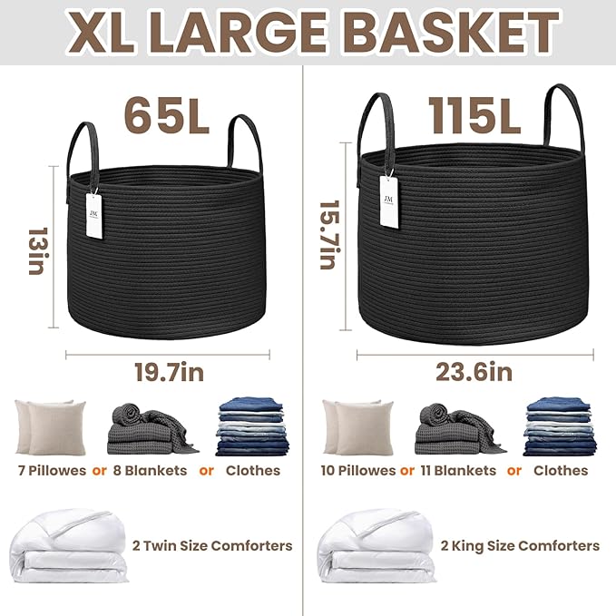 JMvicyroam 115L Extra Large Blanket Basket for Living Room - Woven Cotton Rope Laundry Hamper with Reinforced Handles - Stora