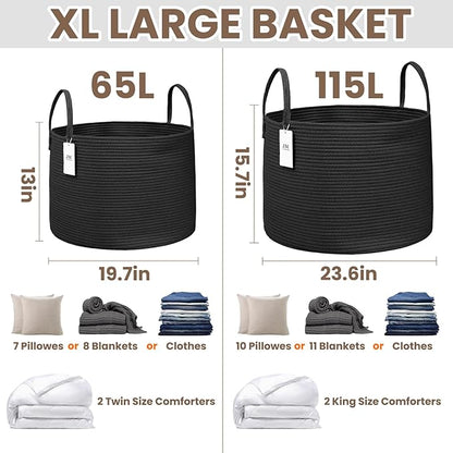 JMvicyroam 115L Extra Large Blanket Basket for Living Room - Woven Cotton Rope Laundry Hamper with Reinforced Handles - Stora