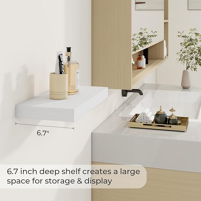 Dreamland 16 Inch Long Floating Shelves in White,6.7 Inch Deep Floating Shelf for Wall,Large Display & Storage Shelf, Wall Sh