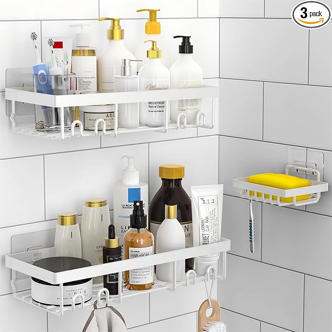 Moforoco 3-Pack Shower Caddy Basket Shelf with Soap Holder, No Drilling Traceless Adhesive Shower Wall Shelves, Rustproof Whi