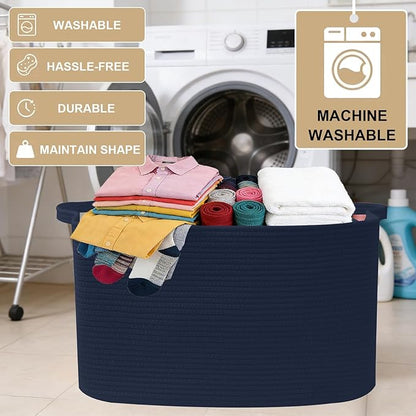 65L Large Blanket Basket,21"x16"x12" Rectangle Storage Bin with Handles,Woven Rope Laundry Basket for Toys, Clothes,Pillows,M