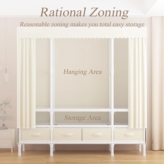 Portable Closet,Garment Rack,Heavy Duty Clothes Rack with Cover,Wardrobe Closet with 1 Hanging Rods, 2 Storage Shelves and 2 