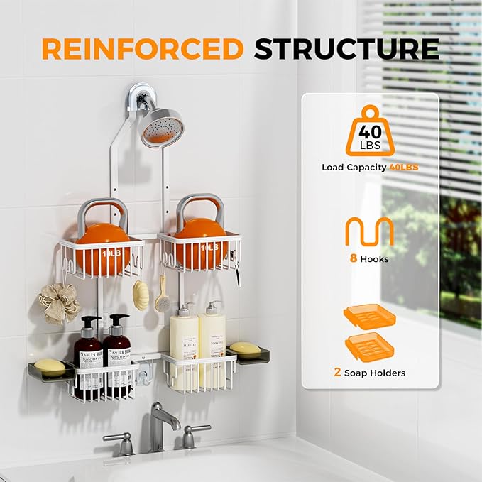 REINHARDT Aluminum Shower Caddy Hanging Adjustable Shower Caddy, Rustproof Hanging Shower Organizer with Hooks Soap Holders, 