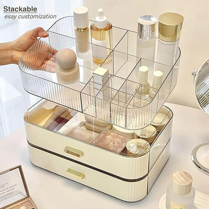Makeup Organizer with Drawer, Stackable Cosmetic Organizer for Vanity and Bathroom Countertop, Clear Storage for Perfume, Ski