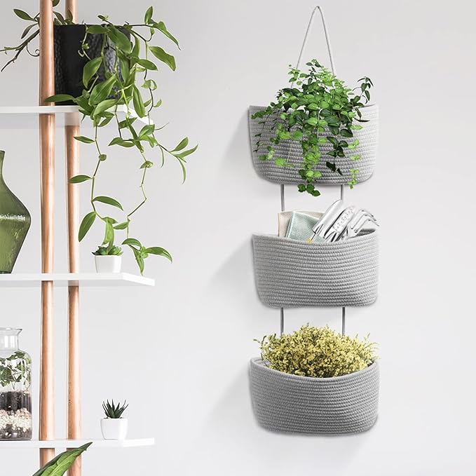 TeoKJ Over the Door Hanging Basket, 3-Tier Woven Cotton Wall-Mounted Storage Organizer Bag Decorative Hanging Nursery Baskets