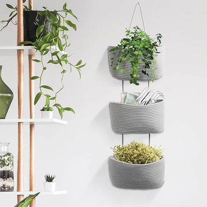 TeoKJ Over the Door Hanging Basket, 3-Tier Woven Cotton Wall-Mounted Storage Organizer Bag Decorative Hanging Nursery Baskets