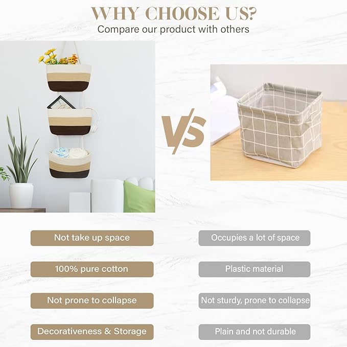 TeoKJ Over the Door Hanging Basket, 3-Tier Woven Cotton Wall-Mounted Storage Organizer Bag Decorative Hanging Nursery Baskets