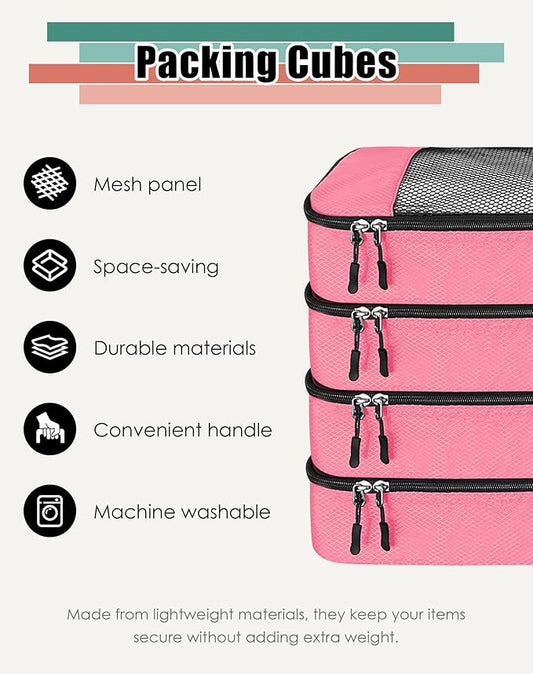 WTREE 4-Piece Packing Cubes Travel Accessories Set for Suitcases - Luggage Organizer Bags with Double Zipper - Mesh Top - Large - Pink