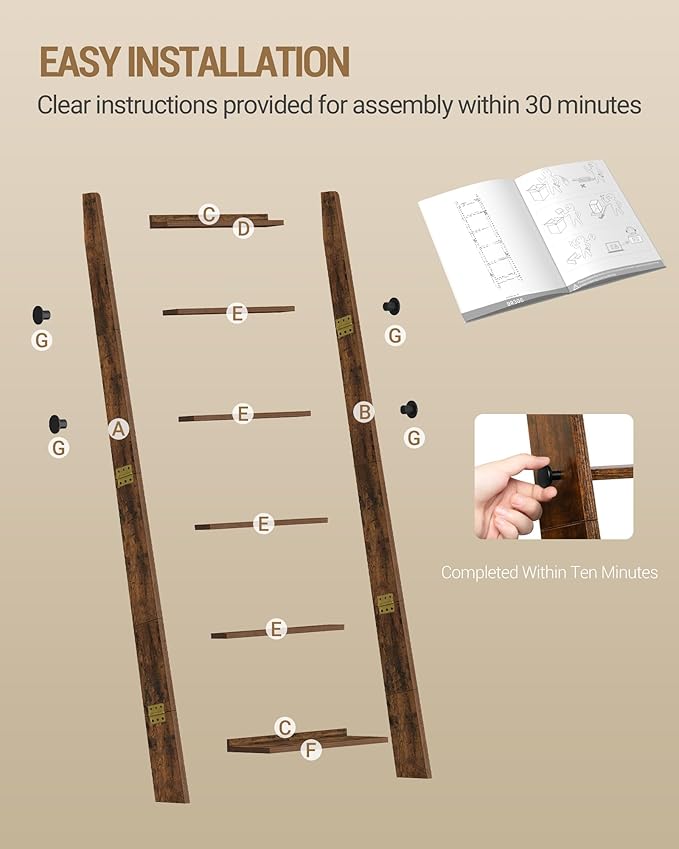 Hzuaneri Blanket Ladder for Living Room, Decorative Quilt Rack with 4 Removable Hooks, 6-Tier Blanket Ladder Shelf for Bedroo