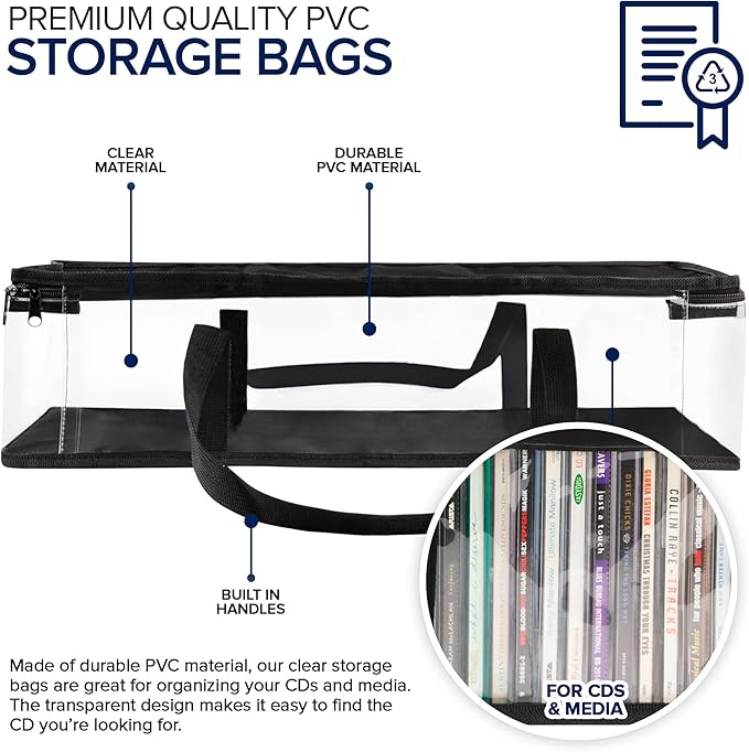Stock Your Home CD Storage Bags (4 Pack) - Transparent PVC Media Storage - Water Resistant CD Holder Case with Handles - Clear Plastic Carrying Game Bag Storage for CDs, Albums, Video Games, Books