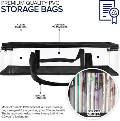 Stock Your Home CD Storage Bags (4 Pack) - Transparent PVC Media Storage - Water Resistant CD Holder Case with Handles - Clear Plastic Carrying Game Bag Storage for CDs, Albums, Video Games, Books