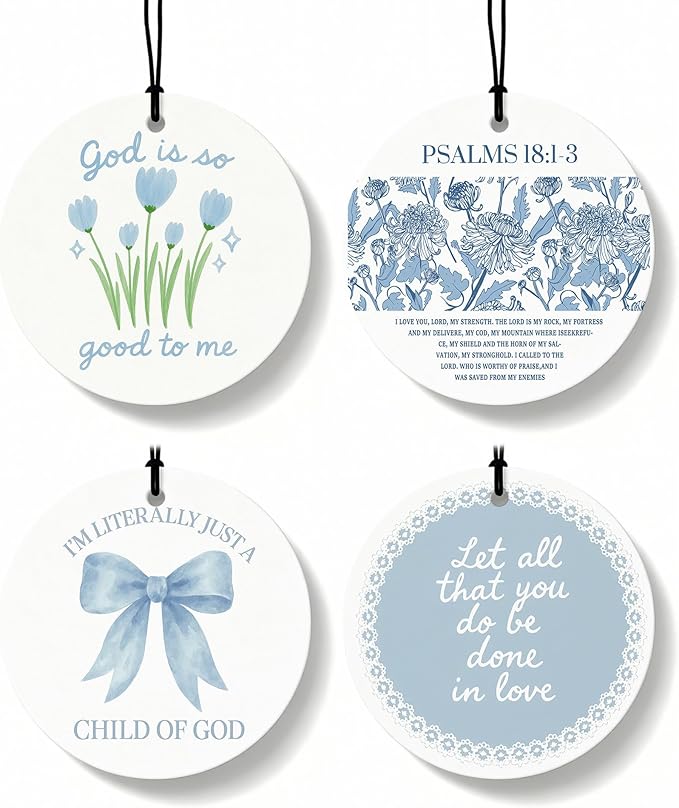 Blue Christian Round Citrus Car Air Freshener 4 Pcs, Blue Coquette Bow Tulip Floral Hanging Air Freshener for Cars Bathroom D