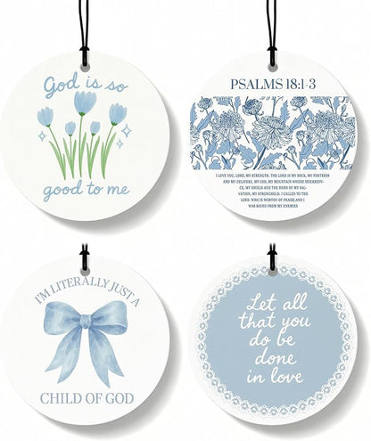 Blue Christian Round Citrus Car Air Freshener 4 Pcs, Blue Coquette Bow Tulip Floral Hanging Air Freshener for Cars Bathroom D